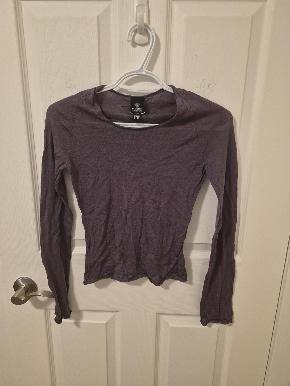Versace Purple Long-Sleeve Slim Crewneck Top